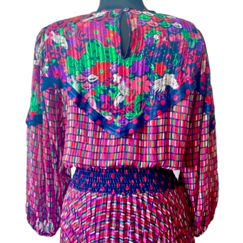 Diane Freis Dress 1980s Vintage Designer Dress Trendy Colorful Pleat Ruche Waist - Picture 7 of 10